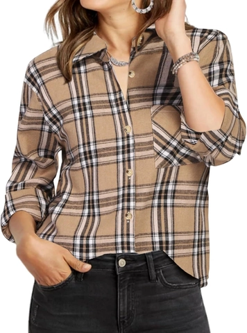 Women Classic Plaid Shirt Cotton Blend Long Sleeve Turndown Collar Single Breasted Casual Checkered Blouse Top Pocket