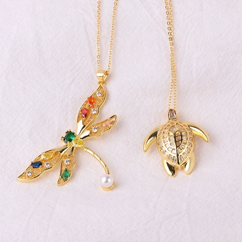 Collar Con Colgante De Libélula Tortuga Latón Chapado En Oro De 18K Circón Colorido Perla Artificial Joyería Hip Hop Para Mujeres