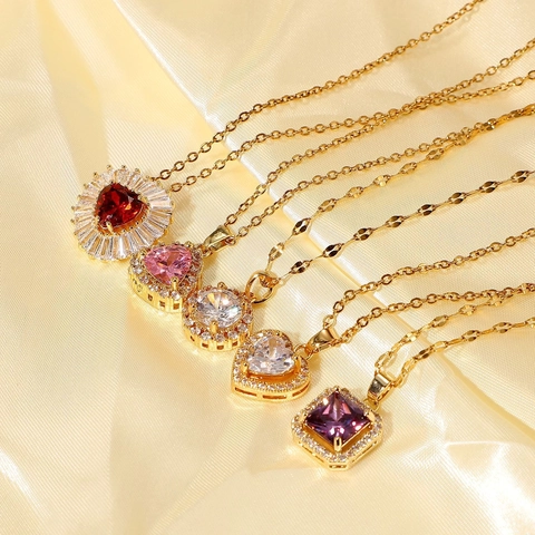 18K Gold Plated Stainless Steel Copper Square Purple Stone Rhinestone Pendant Necklace For Women Fashion Inlaid Jewelry