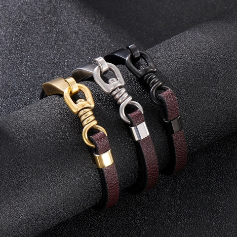 Pulsera De Cuero De Vaca Para Hombre Con Cierre De Gancho De Acero Inoxidable Joyería Trenzada Estilo Retro Punk