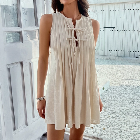Women Sleeveless Mini Dress Pleated Pure Polyester Tie Bow Front Keyhole Solid Color Casual Holiday Beach Sweet Style