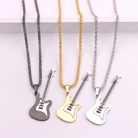 Rock E-Gitarre Anhänger Halskette Legierung Emaille Musik Thema Lange Kette Unisex Schmuck