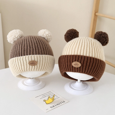 Gorro De Punto De Invierno Para Niños Pompon Bloque De Color Cálido Bebé Gorra