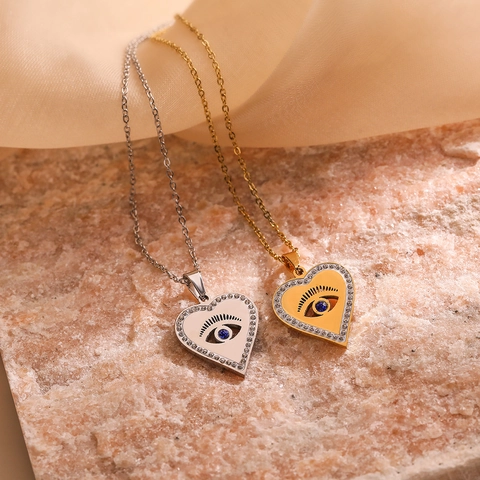 Heart Evil Eye Pendant Necklace Titanium Steel With Zircon Fashion Jewelry For Women Simple Niche Design