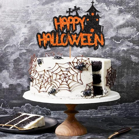 Halloween Cake Topper Happy Halloween Glitter Cardstock Pumpkin Castle Silhouette Dessert Decoration Party Decor