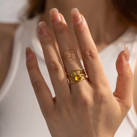 Vintage Court Style Mesh Open Ring 18K Gold Plated Stainless Steel With Colorful Resin Stones For Women