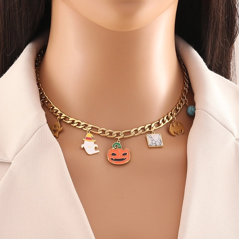 Collana Con Ciondoli Halloween Acciaio Inossidabile Smalto Fantasma Zucca Teschio Pipistrello Pendente Placcato Oro Gioielli Festivi Donna