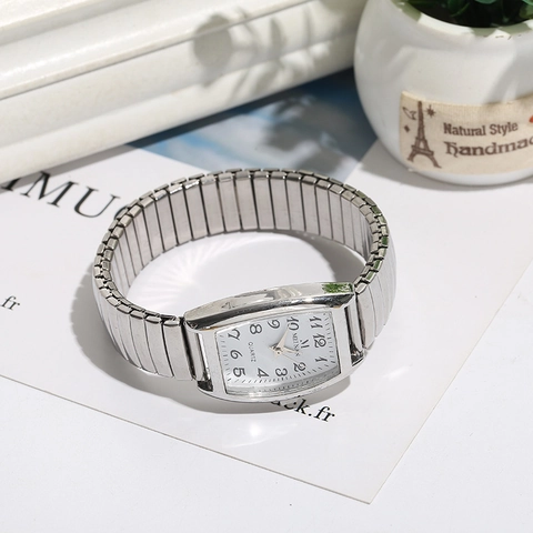Vintage Rectangular Quartz Watch With Elastic Expansion Metal Band Easy Read Arabic Numerals For Women Seniors Retro