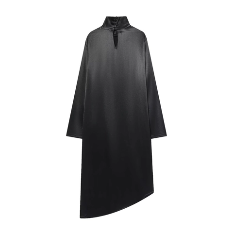 Elegant High Neck Long Sleeve Asymmetric Midi Dress Satin Glossy Tiered Hem Minimalist Solid Black Women