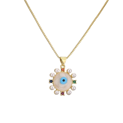 Fashion Gold Plated Copper Evil Eye Heart Pendant Necklace For Women Artificial Pearl Zirconia Clavicle Chain Jewelry Gift