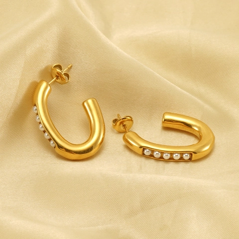 Orecchini A Cerchio A Forma Di U Acciaio Inossidabile Placcato Oro 18K Perla Artificial Geometrica Gioielli Retro Per Donna