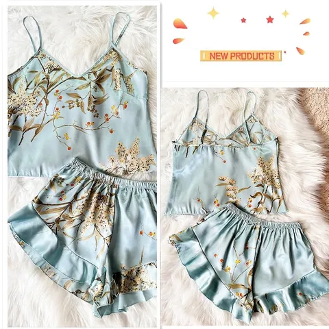 Pigiama Donna Imitazione Raso Satine Stampa Floreale Top Canotta Senza Maniche Scollo A V E Pantaloncini Con Volant Casa