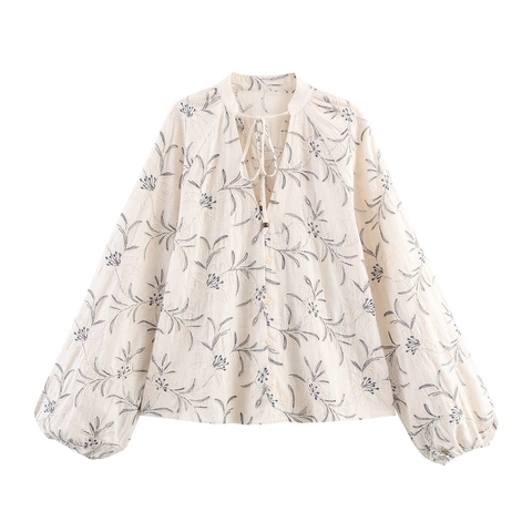 Women Floral Embroidery Blouse Faux Linen V Neck Tie Front Lantern Sleeve Loose Retro Boho Casual Ladies Shirt Top