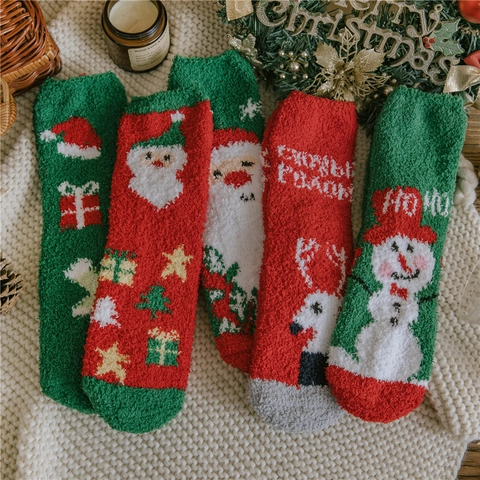 Calze Natalizie Pile Di Corallo Ispessito Caldo Peluche Pavimento Sonno Calzini Festivi Motivi Babbo Natale Renne Donne Uomini
