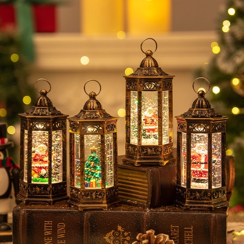 Weihnachts Schneekugel Laterne Retro Bronze LED Beleuchtet Glitzernd Weihnachtsmann Schneemann Ornament Für Feiertagsdekoration