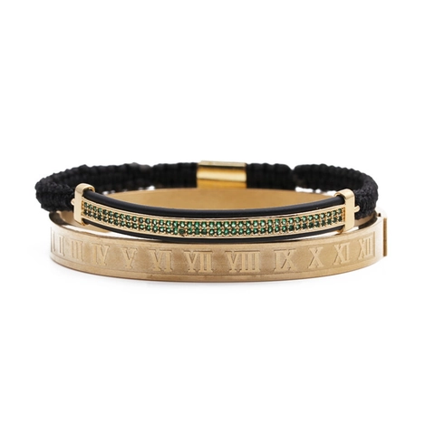 Bracelet Jonc Chiffres Romains Et Bracelet Tissé Acier Inoxydable Cuivre Zircon Vert Barre Courbée Ajustable Homme