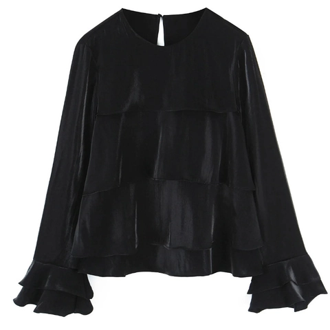 Blusa De Satén Brillante Para Mujer Diseño De Capas Mangas Largas Con Volantes Cuello Redondo Color Sólido Elegante