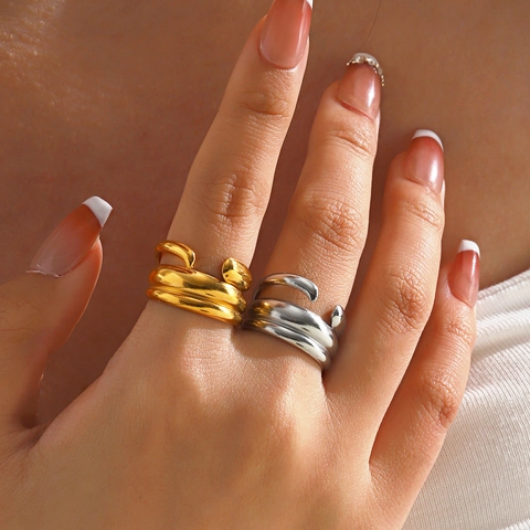 Chunky Multi Layer Line Ring Stainless Steel 18K Gold Plated Adjustable Open Ring For Women Hip Hop Style