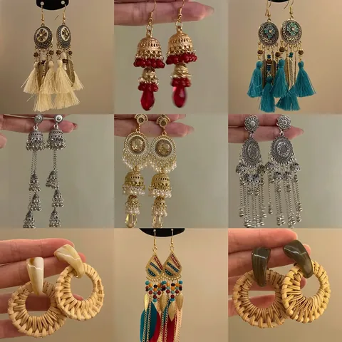 Pendientes De Borla Etnicos Bohemios Con Cuentas De Aleacion Pluma Ratan Vintage Colgantes Para Mujeres