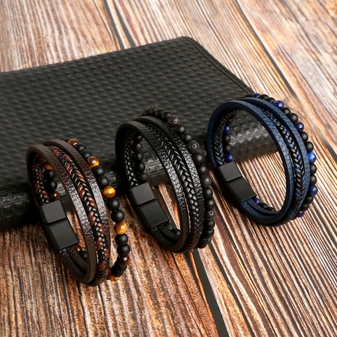 Men Multi-layer Bracelet Braided Leather Natural Tiger Eye Stone Beads Alloy Magnetic Clasp Retro Fashion Jewelry