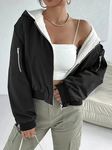 Women Hooded Bomber Jacket Black Sherpa Lined Fuzzy Warm Winter Outerwear Casual Zip Up Pocket Coat Solid Color