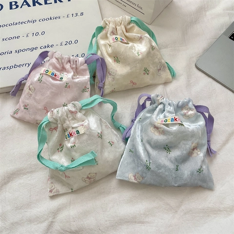 Velvet Drawstring Storage Bag Cute Cartoon Bear Flower Print Travel Makeup Organizer Portable Jewelry Toiletry Pouch