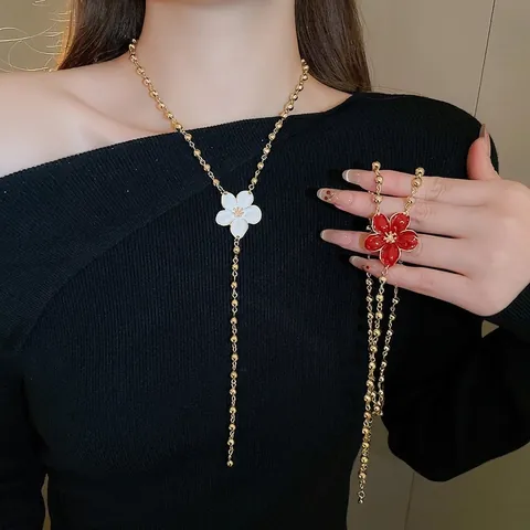 Collana Lunga A Forma Di Y Con Pendente A Fiore Catena Di Perle Dorate Lega Resina Retro Da Donna