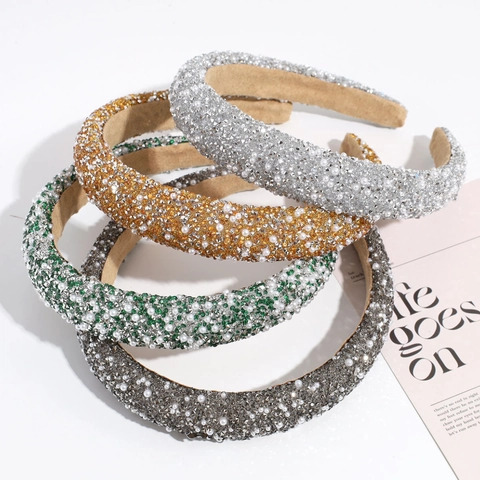 Padded Rhinestone Headband With Faux Artificial Pearls Wide Thick High Top Velvet Lining Hair Band Accessories For Women