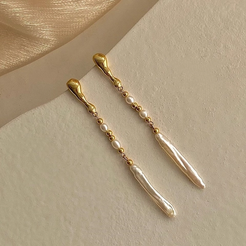 Orecchini Pendenti Lunghi Con Perla d'Acqua Dolce Barocca per Donna Perno in Argento Sterling 925 Rame Placcato Oro