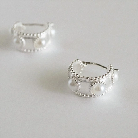 Orecchini A Cerchio Con Künstliche Perle Con Perno In Argento Sterling 925 Forma A C Bordo Perla Artificialto Stile Retrò Elegante Per Donna