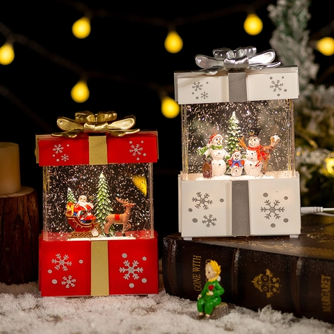 Christmas Snow Globe Gift Box LED Water Lantern Music Box Santa Snowman Glitter Swirl USB Battery Powered Holiday Decor