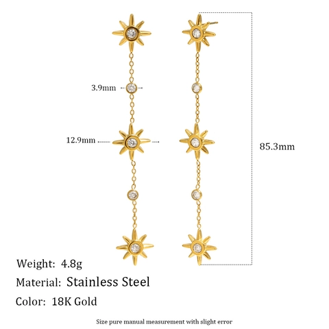 Achtzackiger Stern Lange Hängeohrringe Edelstahl 18K Vergoldet Zirkon Quaste Sonnenstrahl Elegant Damen