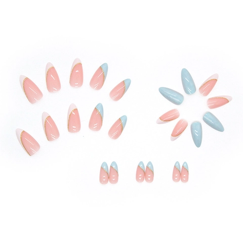 Almond Shape Press On Nails French Pink Sky Blue Marble Design Glossy Artificial Nails For Women Daily Party Nail Art Decoration