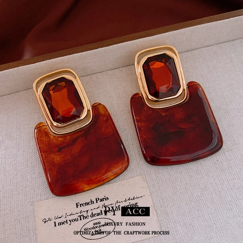 Vintage Geometric Square Drop Earrings With Silver Earring Post Alloy Resin Rhinestone Marble Texture Jewelry For Women