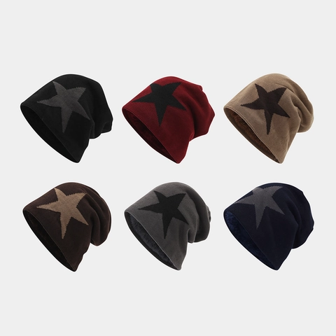 Beanie Mütze Acryl Strick Sternmuster Fleecegefüttert Lässig Warm Streetwear Für Damen Herren
