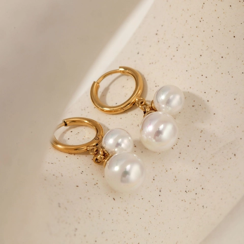 Pendientes De Aro Con Doble Perla Artificial Acero Inoxidable Chapado En Oro De 18K Impermeable Anti Alergia Elegante Mujer