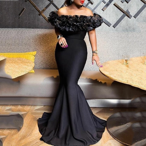 Off-The-Shoulder Meerjungfrau Abendkleid Geraffter Netzkragen Bodenlang Elastisches Strick Formelles Partykleid Damen