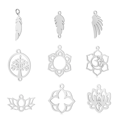 Stainless Steel Charms Pendants Hollow Feather Wing Tree Of Life Lotus Yoga Om Symbols For DIY Jewelry Making