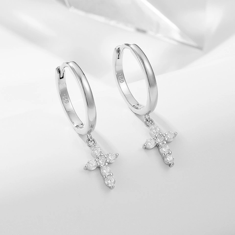 Cross Pendant Hoop Earrings With 925 Sterling Silver Earring Post Cubic Zirconia Pave Geometric Dainty Jewelry For Women