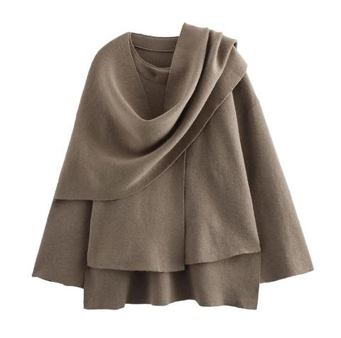 Women Knitted Jacket Asymmetric Scarf Collar Polyester Short Coat Solid Color Loose Outerwear Autumn Winter Fashion