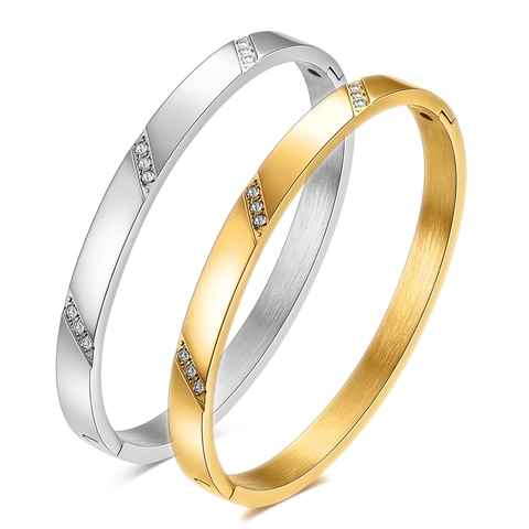 Brazalete De Acero Inoxidable Chapado En Oro De 18K Con Incrustaciones De Diamantes De Imitación Joyería Minimalista Para Mujer