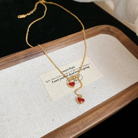 Double Red Heart Pendant Lariat Necklace Titanium Steel Gold Plated Y Shaped Chain Elegant Retro Jewelry For Women