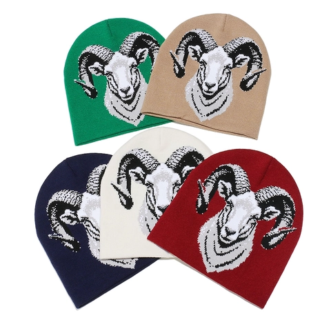 Ram Head Animal Jacquard Knit Beanie Hat Acrylic Warm Winter Streetwear Novelty Skull Cap For Men Women