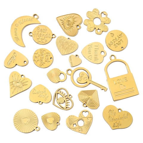 DIY Charms Pendants Heart Moon Evil Eye Key Lock Shape Stainless Steel Engraved Love Mom Vintage Jewelry For Women