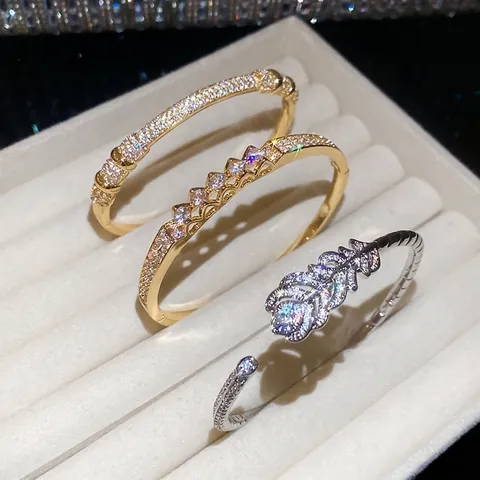 Bracciale Rigido In Rame E Zircone Placcato Oro Argento Design Foglia Piuma Gioielli Di Lusso Da Donna Regalo