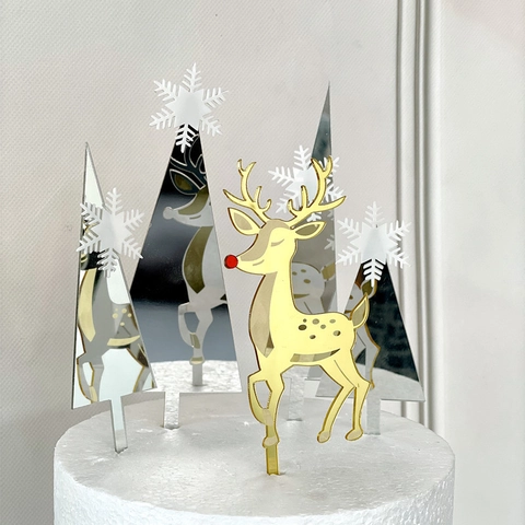 Acrylic Christmas Cake Topper Mirror Gold Reindeer Glitter Christmas Tree Snowflake Holiday Cake Decoration Party Dessert Supplies