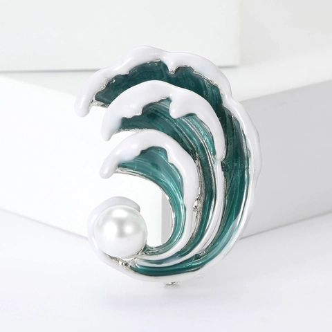 Vintage Alloy Sea Wave Brooch For Women Enamel Drip Oil Pin With Imitation Pearl Fashion Ocean Style Clothing Accessory