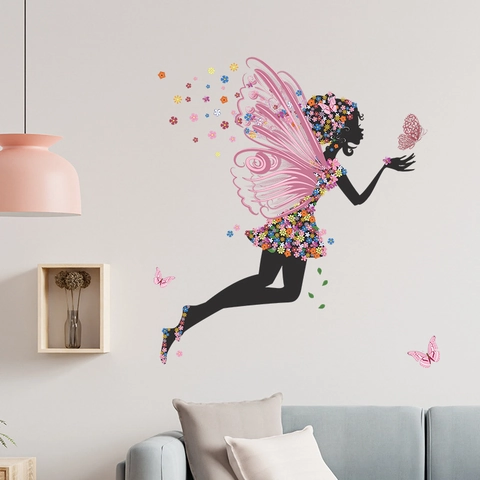 Adesivo Murale Fata Dei Fiori Farfalla Floreale Ragazza Silhouette PVC Autoadesivo Rimovibile Arredamento Casa Per Camera Da Letto Vivaio