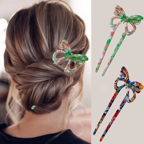 Palillo para el Cabello de Acetato de Mariposa Estilo Coreano Doble Púa Horquilla Elegante Patrón de Mármol de Carey Joyería para Mujer