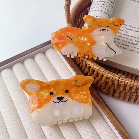 Corgi Hund Haarklammer Haargreifer Acetat Tierform Süße Kawaii Haaraccessoires Für Frauen Mädchen Orange Weiß